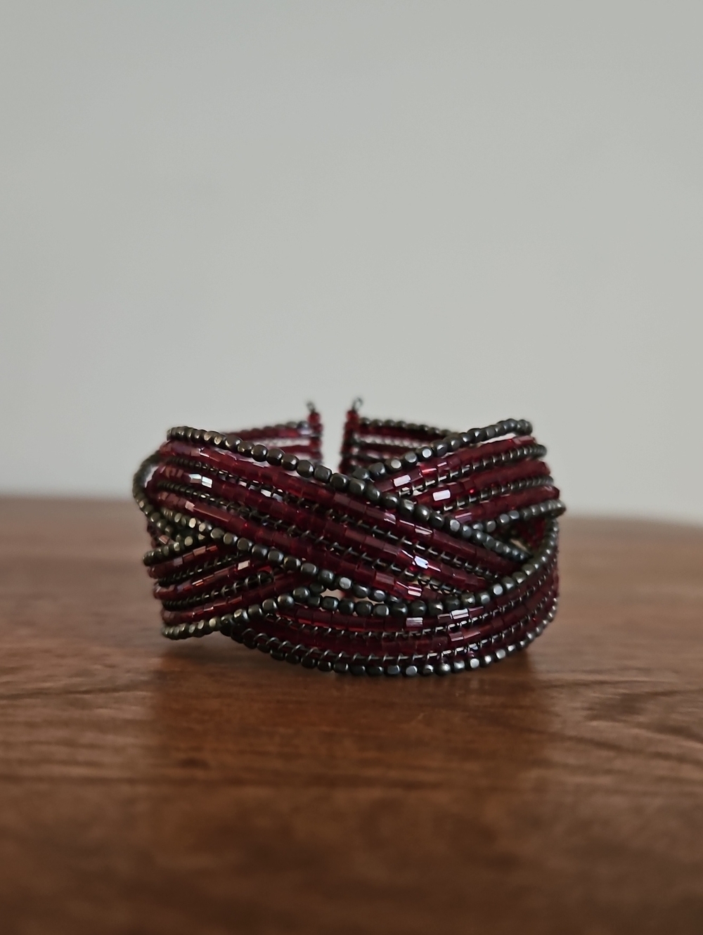Burgundy and Gunmetal Beaded Cuff Bracelet